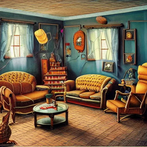 Image similar to a painting of a living room filled with furniture, a surrealist painting by jacek yerka, cgsociety, fantastic realism, surrealist, detailed painting