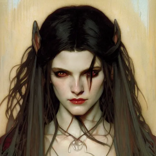 Image similar to Portrait of a pretty half-elf half-vampire young woman. Her hair has black strands and white strands. Her eyes have red irises and vertical pupils. Art by Greg Rutkowski and Alphonse Mucha