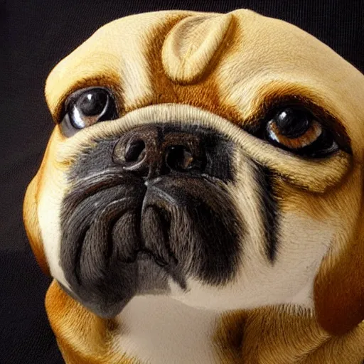 Prompt: photo of pugalier dog sculpture, by caravaggio, immense detail, intricate background