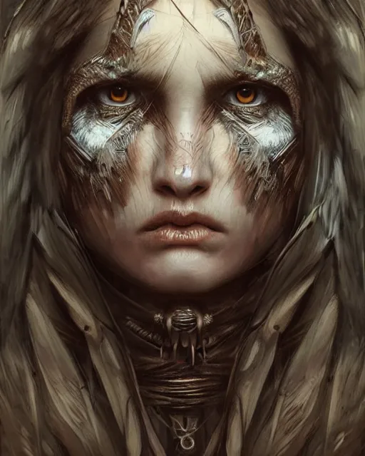 Image similar to half human half owl woman warrior, hyper realistic face, beautiful eyes, fantasy art, in the style of greg rutkowski, intricate, hyper detailed, smooth