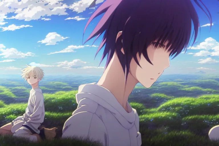 Image similar to a vast scene, panorama distant view, anime art full body portrait character concept art, hyper detailed scene render of a boy and a white lion, anime key visual of violet evergarden, finely detailed perfect face delicate features directed gaze, in the white clouds fairyland, trending on pixiv fanbox, violet evergarden, studio ghibli, james jean, extremely high quality artwork