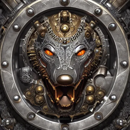 Image similar to A steampunk ornate wolf made of engraved full plate armor and gears, Macro shot by Justin Gerard, unreal engine, physically based rendering