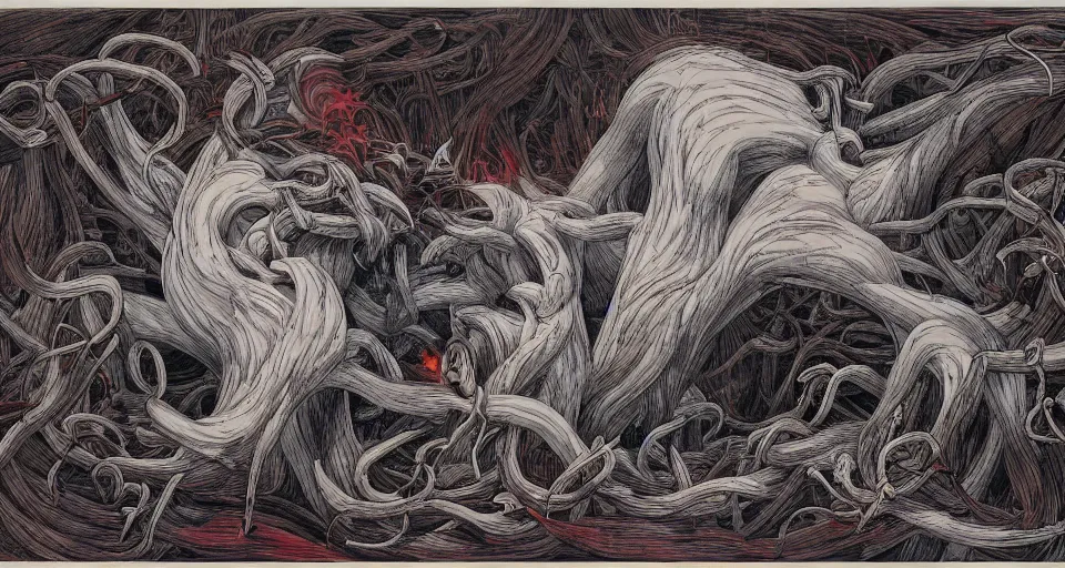 Image similar to a volcano made of ivory vines and crimson rocks enters in eruption, it spits a smoke in the shape of demonic eye, by james jean,