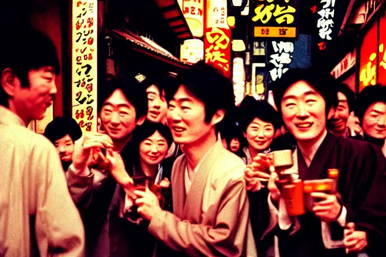 Prompt: masterful photography by haruto hoshi and yang seung woo and saul leiter, young people enjoying night life in kabuki cho japan in the 1 9 9 0 s, film grain, full color, shot on kodak gold with a canon 8 5 mm lens aperture f / 5. 6, hyperrealistic