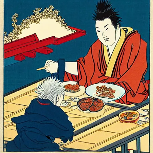 Prompt: Guy Fieri eats Japanese food by Katsushika Hokusai, art