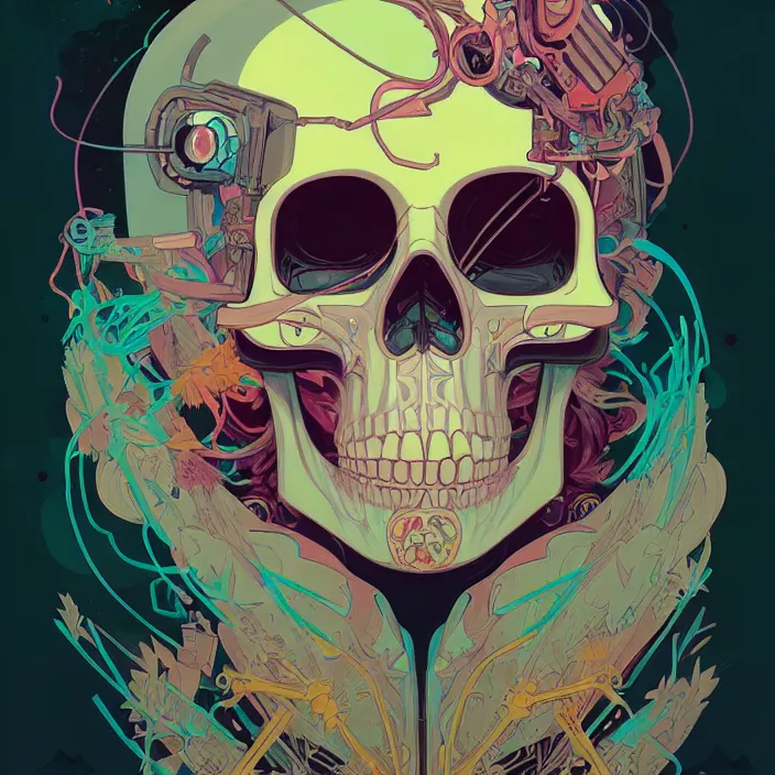 Prompt: a beautiful painting of a cyberpunk skull by sachin teng and pascal blanche and alphonse mucha! and nekro! and josan gonzalez!. in style of digital art. colorful comic, film noirs, symmetry, brush stroke, vibrating colors, hyper detailed. octane render. trending on artstation