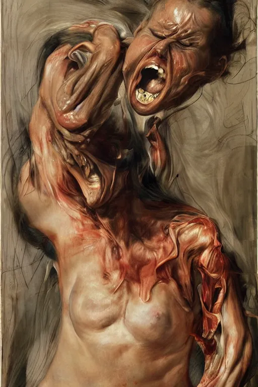 Image similar to a woman enraged, part by Jenny Saville, part by Francis Bacon