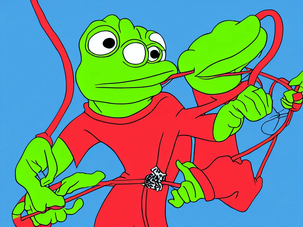 Image similar to illustration of a pepe the frogs with a whip, stunning scene, perfect face, bright colors, 4 k resolution, trending on artstation