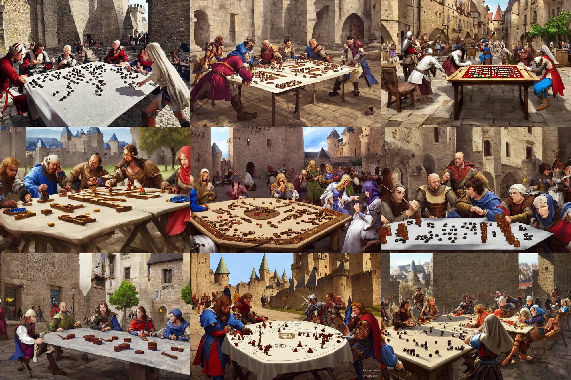 Prompt: medieval people playing dieces in city of carcassonne, there are few plain white shield on the same table they are using to play dices by stanley artgerm lau, wlop, rossdraws, frank frazetta, andrei riabovitchev, marc simonetti, tranding on artstation