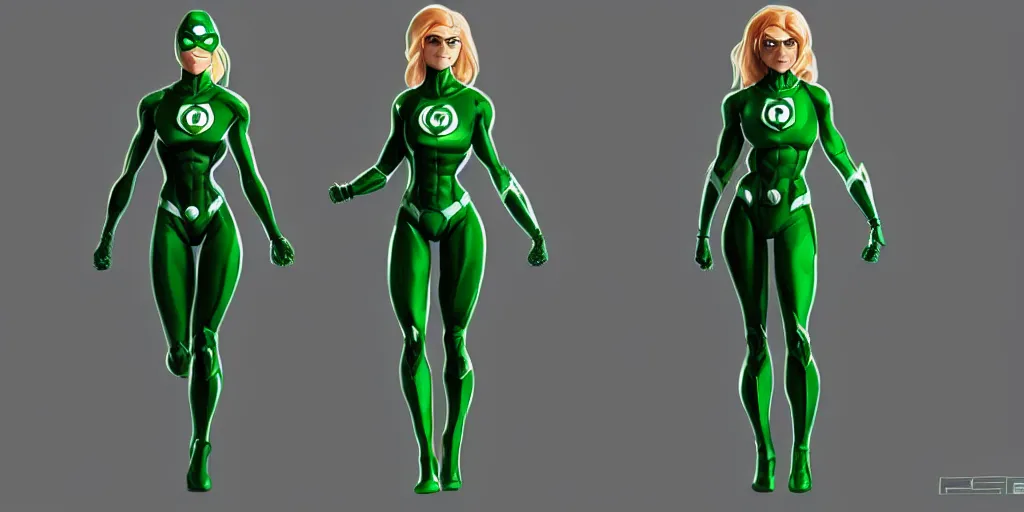 Image similar to full body exaggerated outfit, female green lantern character clean concepts by senior concept artist in the anime film, suit, powers, glowing, stronge, smooth, high detail, featured on artstation