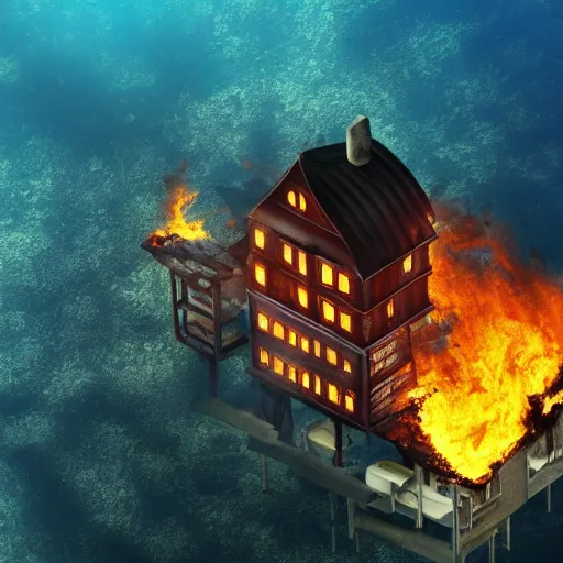 Prompt: a house burning underwater, with a humanois robot standing out to it, 8 k resolution, colorful, mariana trench