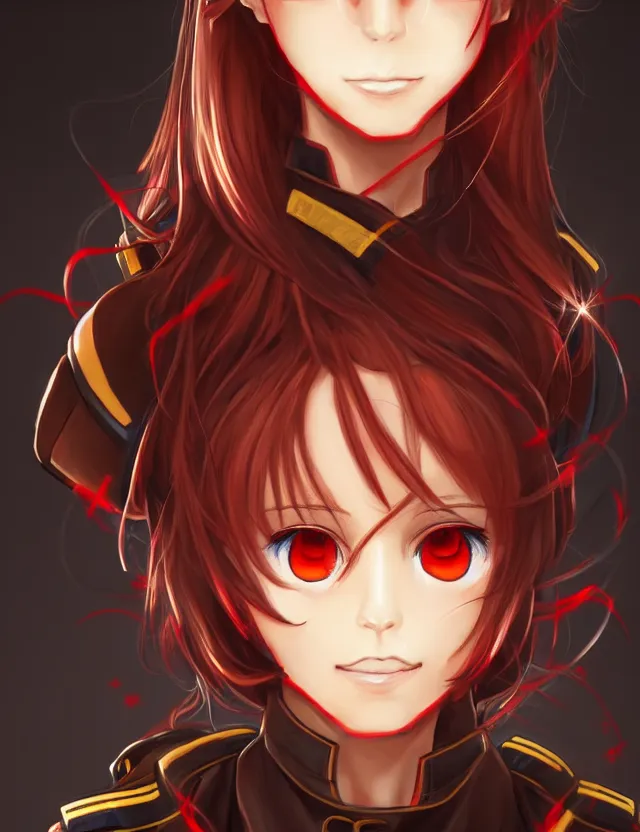 Image similar to a detailed manga portrait of a beautiful brown haired woman in a military uniform glowing with swirling red energy, trending on artstation, digital art, 4 k resolution, detailed, high quality, sharp focus, hq artwork, coherent, insane detail, character portrait