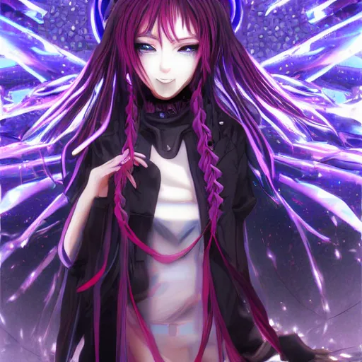 Prompt: anime cyberpunk dark fantasy art, cute and beautiful full body female cyborg - angel in the style of stand alone complex, akira, durararara, red blue purple black fade, braided hair, dark light night, intense watery glowing red eyes, highly intricate detailed, braided hair, advanced digital anime art, wlop and rossdraws and sakimimichan