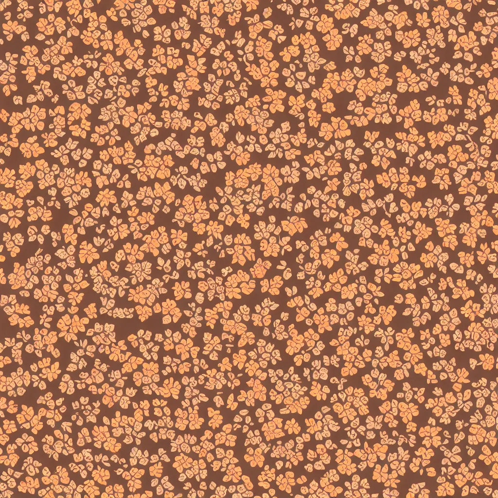 Prompt: repeating fabric pattern, minimalistic, fussy cut, miniature tiny orange and peach color flowers, brown vines and leaves