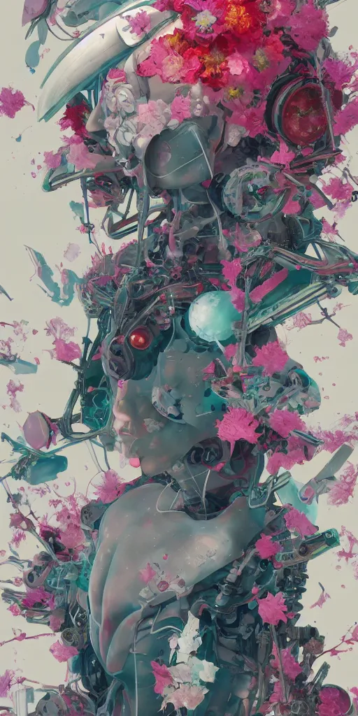 Image similar to surreal gouache painting, by yoshitaka amano, by ruan jia, by conrad roset, by kilian eng, by good smile company, detailed anime 3 d render of a mechanical android head with flowers growing out, portrait, cgsociety, artstation, modular patterned mechanical costume and headpiece, retrowave atmosphere