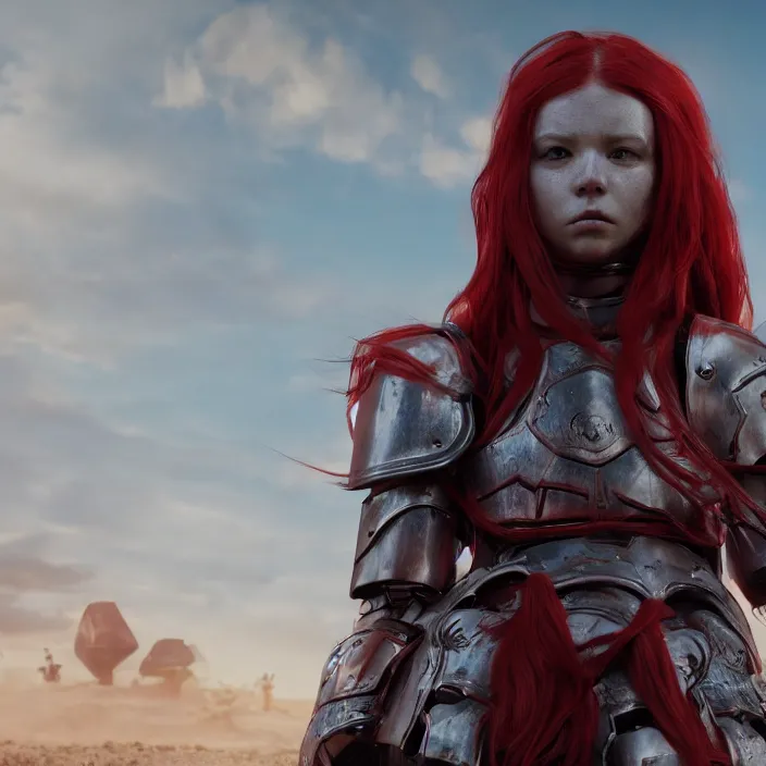 Prompt: a girl with a long red hair wearing a full-body red plate armor standing in a battlefield, anatomically correct, hyperrealistic, concept art, octane render, unreal engine 5, 8K HDR, highly detailed, high quality, fantasy armor