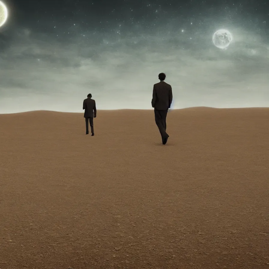 Prompt: a surreal landscape of a frightened man wandering in a vast desert lit by two scary moons