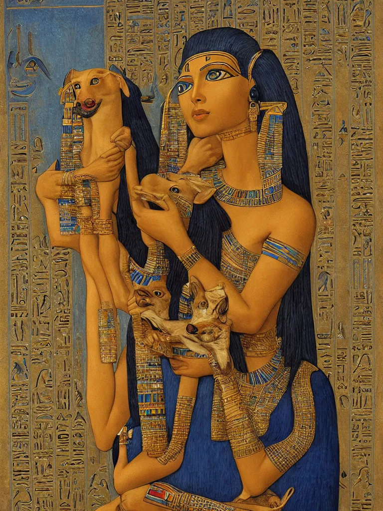 Prompt: portrait of a beautiful female ancient Egyptian goddess holding Anubis the dog in her arms. Hieroglyphs are written on the background, and blue lotus grows at her feet. painting by James C. Christensen