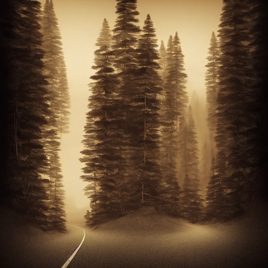 Prompt: surrealist abstract ink artwork of a road leading down the horizon through giant pine forests down a rocky mountain coast towards a majestic sunset. atmospheric foggy landscape, soft sepia tones, psychedelic, ultra realistic, concept art, modern art, photorealistic, octane render.