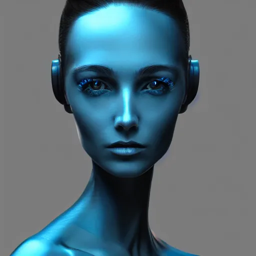 Prompt: portrait of a female android, no nose, no mouth, face completely covered in phthalo blue steel, filigree, elegant, sharp focus, graceful, master crafted, trending on artstation, award winning, beauty,