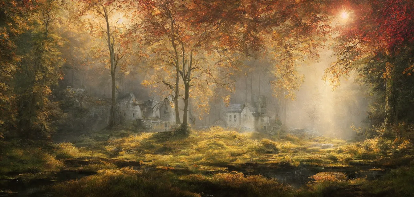 Image similar to a painting of sparse stone cottages underneath a dense tall forest, with pristine reflex from cascading ponds. gorgeous, elegant, sophisticated, an ultrafine painting, intricate brush strokes, bright depth oil colors, photography by araken alcantara. mist diffuse promiseful illumination, autumn sunrise warm light, detailed and intricate environment of hopeful bodyscapes