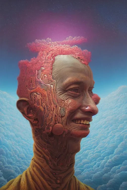 Image similar to 4K Stunningly detailed Ancient Beautiful portrait of a Smile inspired in beksinski and dan mumford work, remixed with Simon Stalenhag work, sitting on the cosmic cloudscape