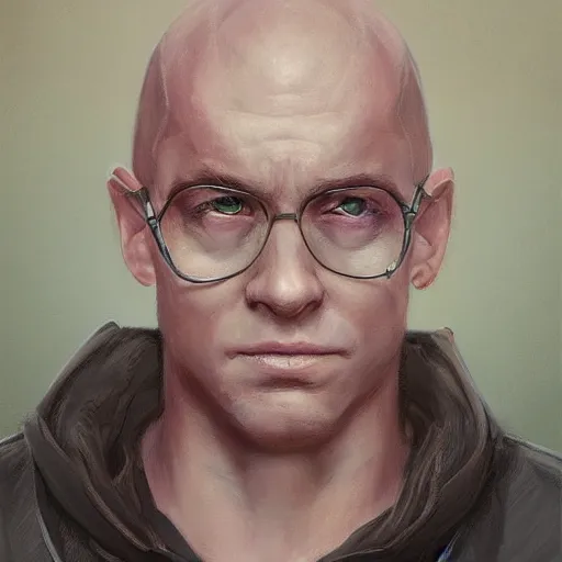 Image similar to a head - on detailed oil portrait of a handsome round - faced bald man, by charlie bowater, lise deharme, wlop, trending on artstation, dungeon and dragons art, critical role