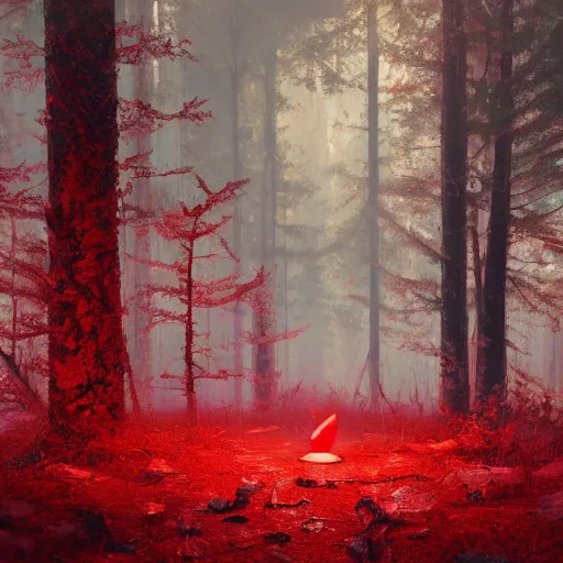 Image similar to A highly detailed oil painting of a blood red, crystal flower glowing bright red in the middle of a dark forest, by Greg Rutkowski.