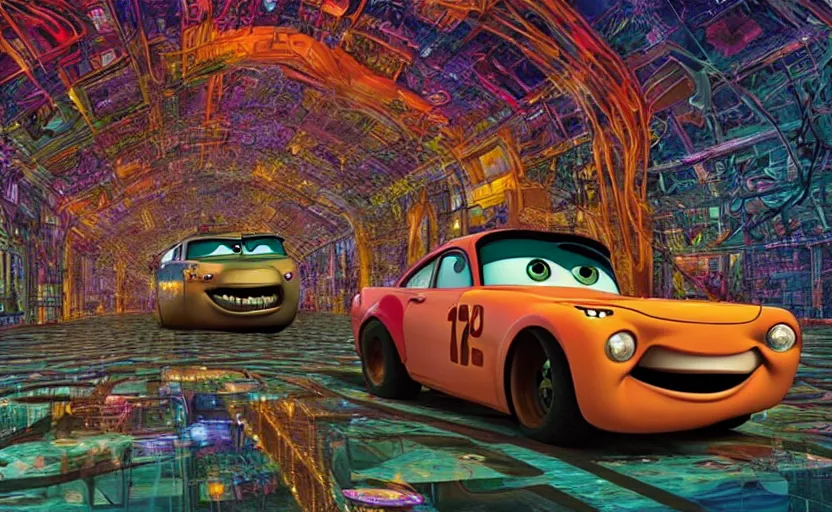 Image similar to mater from cars in a mirrored fractal hallway, romance novel cover, dmt visualization, in 1 9 9 5, y 2 k cybercore, industrial photography, still from a ridley scott movie