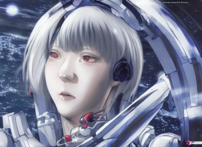 Image similar to This is a digital art piece by Yoshiyuki Sadamoto that is trending on artstation. It is a 8K UHD image of Rei Ayanami, a female anime character, inside a space station with technological rings. She is shot from the ground by Yoshiyuki Sadamoto. The environment is a concept design and the art is hyper realistic with intricate details.