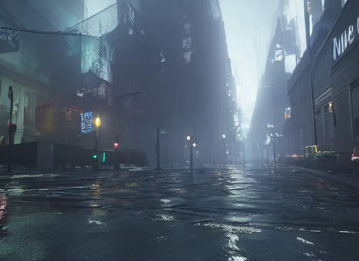 Image similar to dark, misy, foggy, flooded new york city street in Destiny 2, liminal creepy, dark, dystopian, highly detailed 4k in-game screenshot leak datamine from reddit