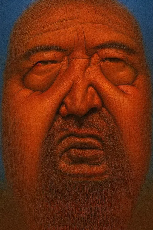 Image similar to ascii art, hyperrealism oil painting, portrait scary ai weiwei style zdzislaw beksinski