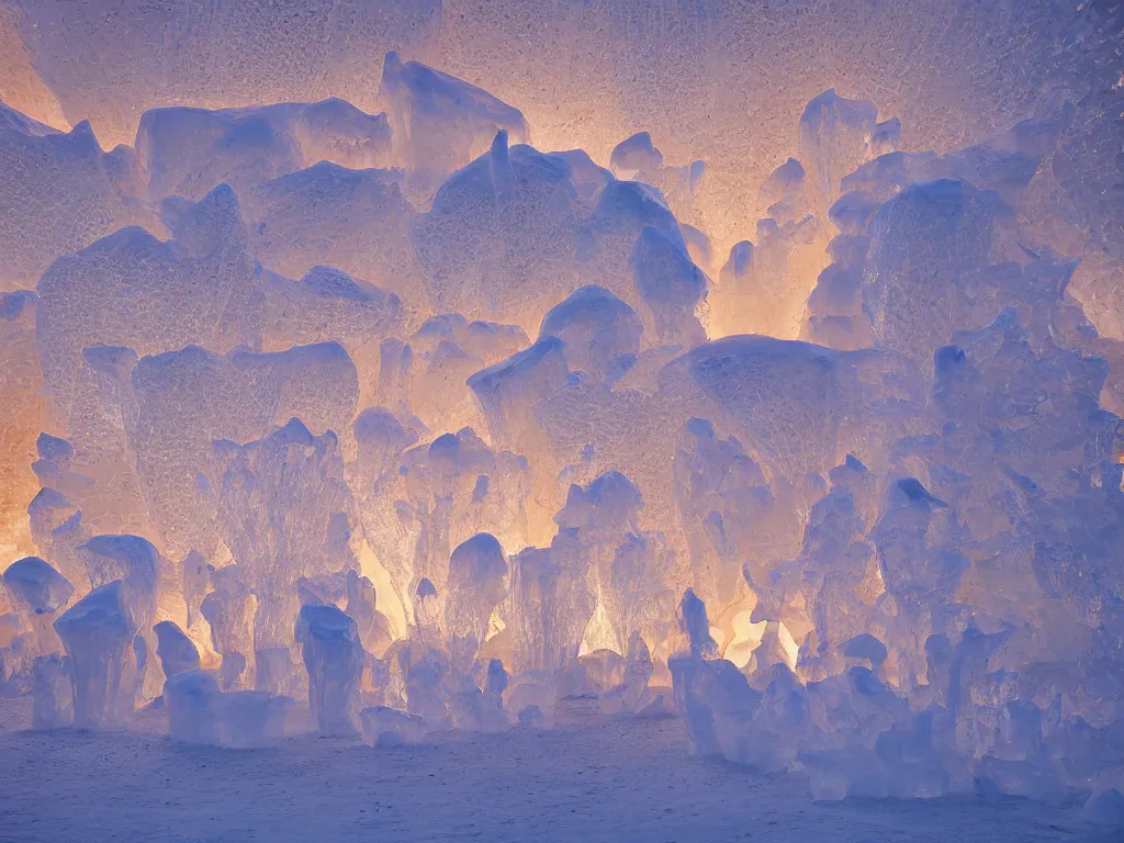 Image similar to cinestill of a huge backlit ice sculpture in the sahara desert, morning light, breathtaking, high definition photograph by national geographic