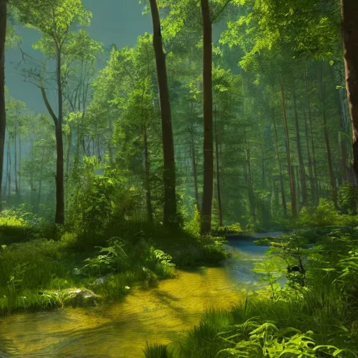 Image similar to a forest made in unreal engine 5 with sun rays and a river, 4k, high detail, high-resolution photograph, professional photography, ultra-detail