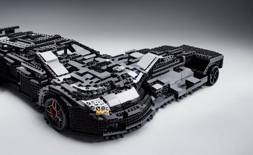 Prompt: black lamborghini in lego style. studio. soft light. dark background. cinematic. product shot. intricate. highly detailed