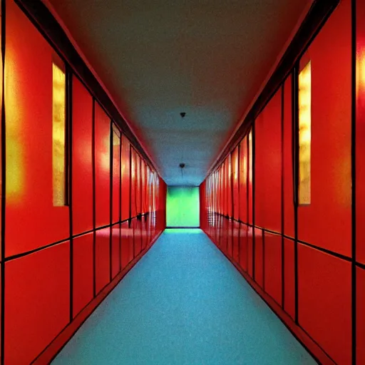 Prompt: noisy color photograph of a retrofuturist liminal space, twisting hallways, minimalist, cinematic, soft vintage glow