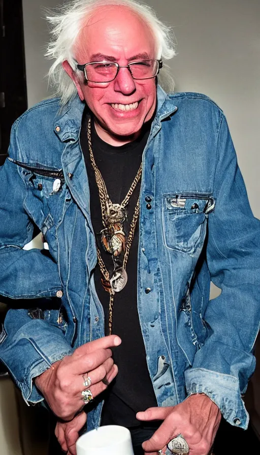 Image similar to Famous heavy metal glam rocker Bernie Sanders with a neon mohawk, ripped denim jacket and lots of jewelry