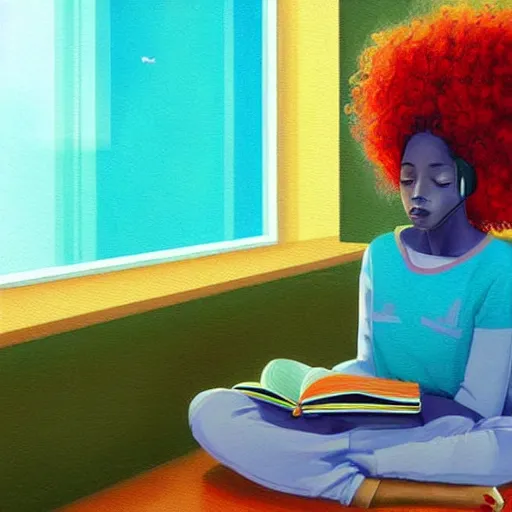 Image similar to lo-fi colorful masterpiece painting, black girl, curly hair, with headphones, studyng in bedroom, window with rio de janeiro view, lo-fi illustration style, by WLOP, by loish, by apofis, alive colors