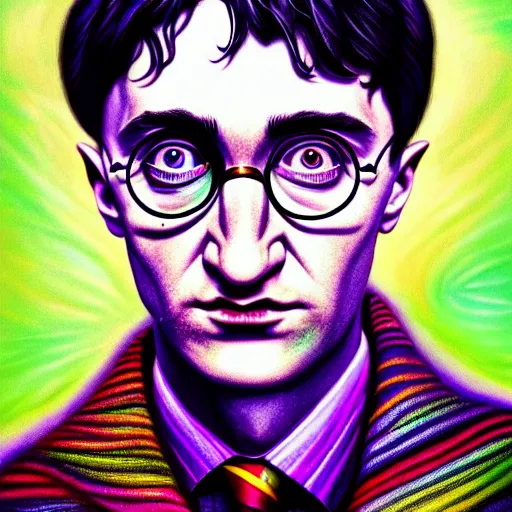 Image similar to An extremely psychedelic portrait of Harry Potter, surreal, LSD, face, detailed, intricate, elegant, lithe, highly detailed, digital painting, artstation, concept art, smooth, sharp focus, illustration