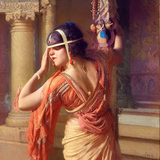 Prompt: detailed full body of hindu traditional woman blindfolded by high - tech vr headset, girl graceful,, painting by gaston bussiere, craig mullins, j. c. leyendecker, lights, art by ernst haeckel, john william godward, hammershøi,,