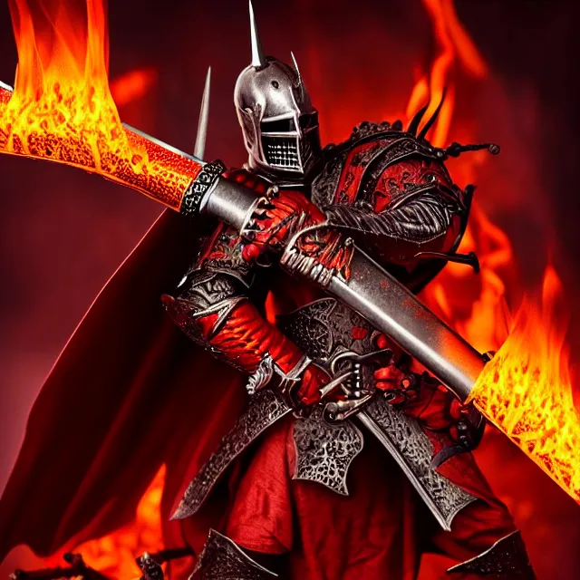 Image similar to hell knight with a flaming sword, highly detailed, 4 k, hdr, smooth, sharp focus, high resolution, award - winning photo, anne stokes, photorealistic