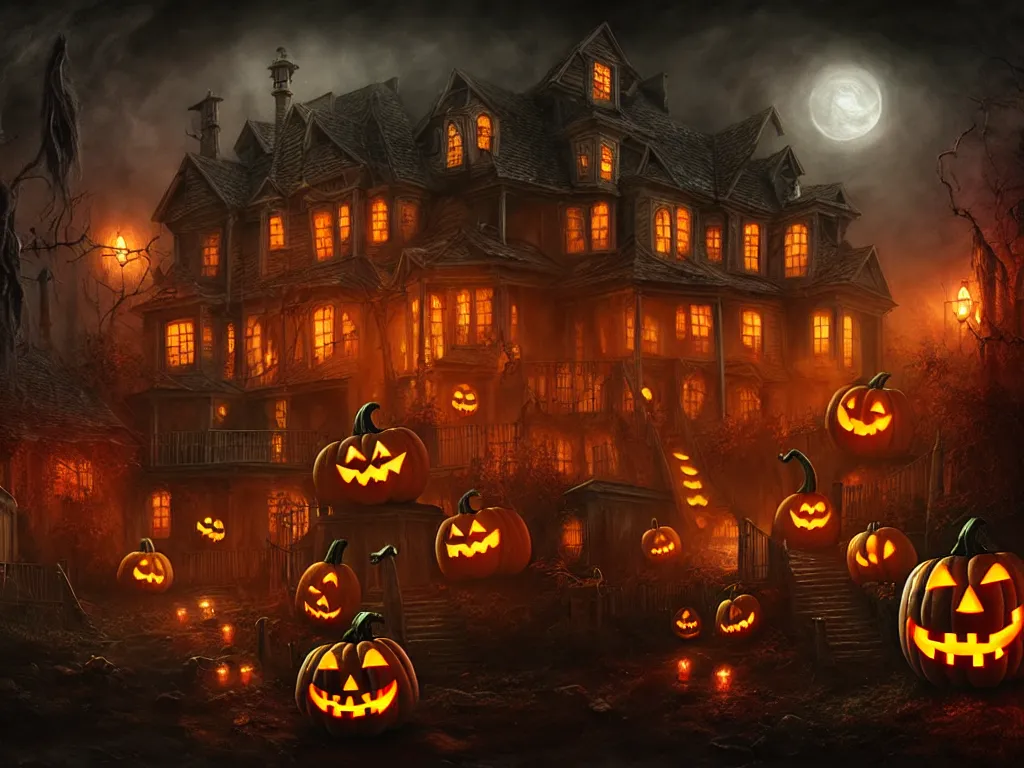 Prompt: spooky Halloween party, Fantasy Hyper detailed digital matte painting, concept art, hyperrealism, Cinema 4D, 8k resolution, 64 megapixels, coherent, bokeh, CGSociety, ZBrush Central, behance HD, hypermaximalist, a masterpiece, 4K.