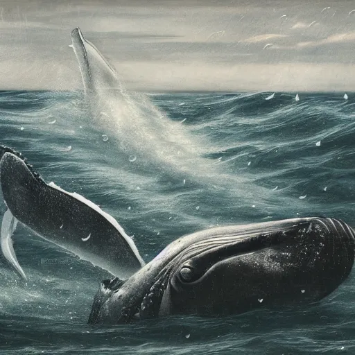 Image similar to maori girl riding a whale in ocean ,in the rain, style of Hiroshi Sugimoto ,atmospheric illustration, horror