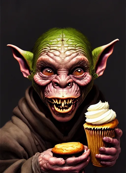 Image similar to portrait of a medieval goblin eating cakes, beautiful face, hyper realistic, highly detailed, digital painting, artstation, illustration, concept art by hyung tae and frank frazetta, digital paint, matte paint, washed colors, dark, gloomy