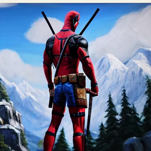 Image similar to a closeup photorealistic photograph of bob ross working on a canvas painting of deadpool. film still. brightly lit scene. mountains and trees. this 4 k hd image is trending on artstation, featured on behance, well - rendered, extra crisp, features intricate detail, epic composition and the style of unreal engine.