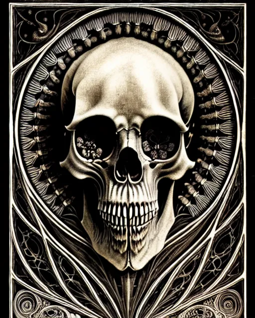 Image similar to art forms of nature by ernst haeckel, memento mori by arthur rackham, ornate antique porcelain beautiful skull mask, ultrasharp, photorealistic, hyperdetailed, octane render, polished, art nouveau, neo - gothic, gothic, intricate ornamental organic filigree, art nouveau botanicals, art forms of nature by ernst haeckel, horizontal symmetry, symbolist, visionary