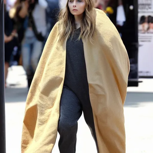 Prompt: elizabeth olsen in a hollowed out potato, elizabeth olsen in a potato suit, on the walkway