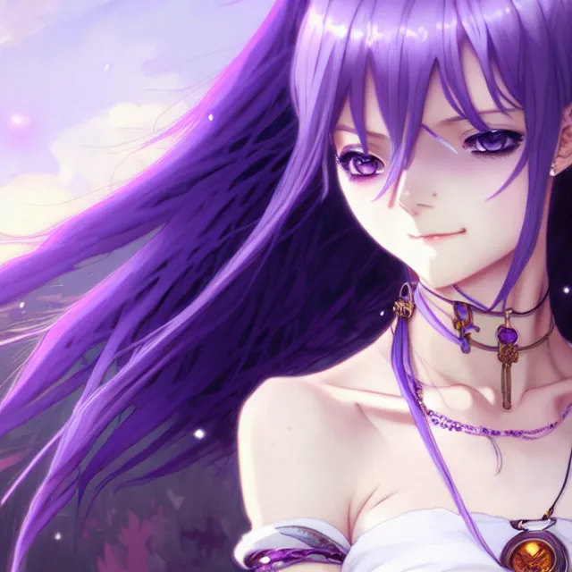 Prompt: anime girl with lavender hair, purple eyes and white dress, black jewellery, digital artwork, very beautiful face, pretty smile, extremely detailed art by greg rutkowski and alphonse mucha