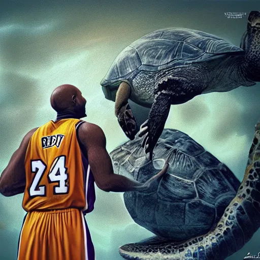 Image similar to kobe bryant kissing a giant turtle in heaven, hyper realistic, side view, digital art, amazing detail, artstatiom, cgsociety, epic art