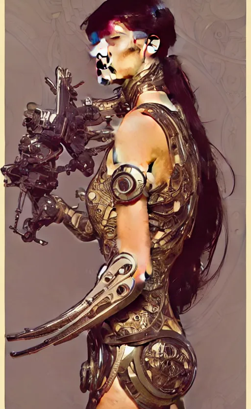 Prompt: cyborg, intricate, beautiful, highly detailed, elegant, artstation, concept art, smooth and sharp focus, rpg artwork, illustration, painting by ilya kuvshinov, alphonse mucha, gaston bussiere, art adams, craig mullins, j. c. leyendecker, rene maritte, tian zi, wlop, alsphonse mucha, artgerm